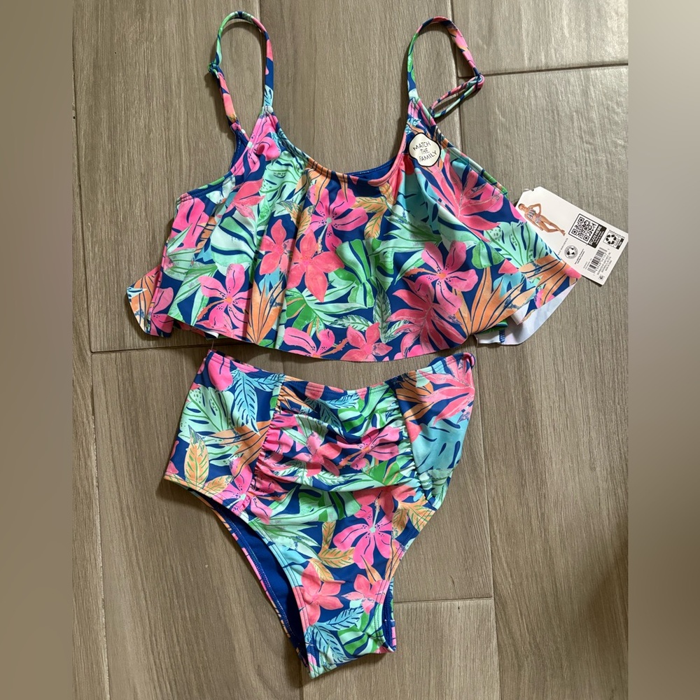 Pink and Blue Tropical Floral Bikini with Ruffled Overlay